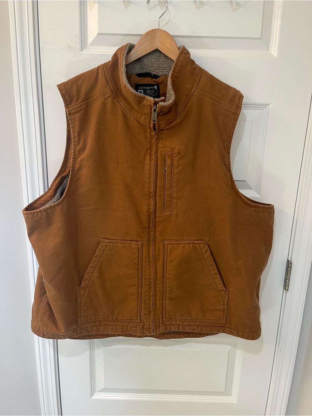 Carhartt Vest Men’s Brown Loose Fit Canvas Sherpa Lined Mock Neck OV4277 Sz. 2XL